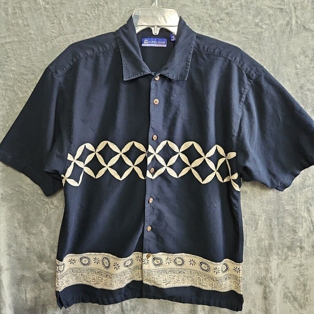 Island 2 Island Men's sz Lg cotton linen Hawaian Shirt black cream color